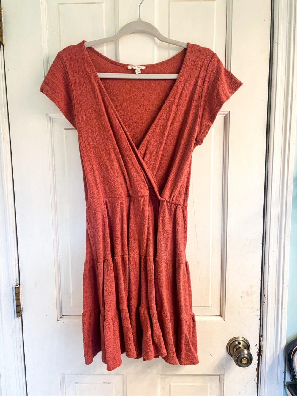 “Rolla Coster” Rust Orange Wrap-Tiered Mini Dress - Size L